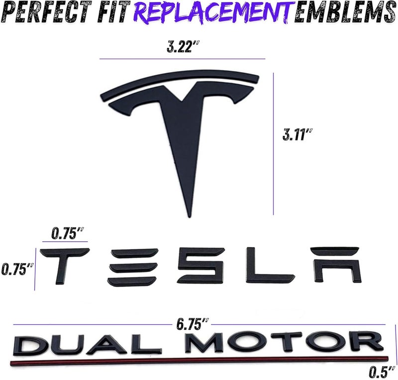 EVMIZE Metal Raised T Logo Tesla Letters Dual Motor Emblem Decal Sticker Matte Black Front Trunk Tailgate with 3M Adhesive for Tesla Model 3 Model Y Highland Juniper (Tesla Letters & T Logo & Dual Motor) - Image 2